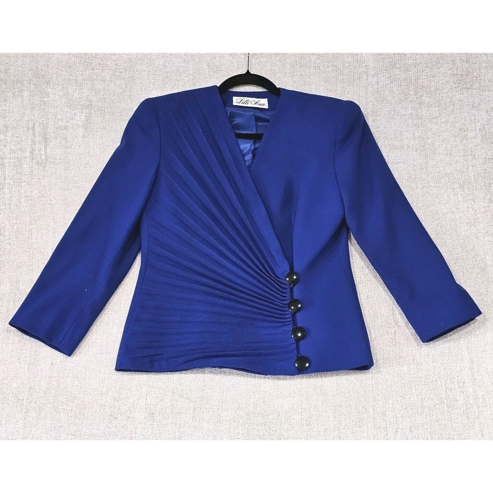 Vintage Lilli Ann 80s Royal Blue Aysymetrical 4 Button Blazer Size 8‎